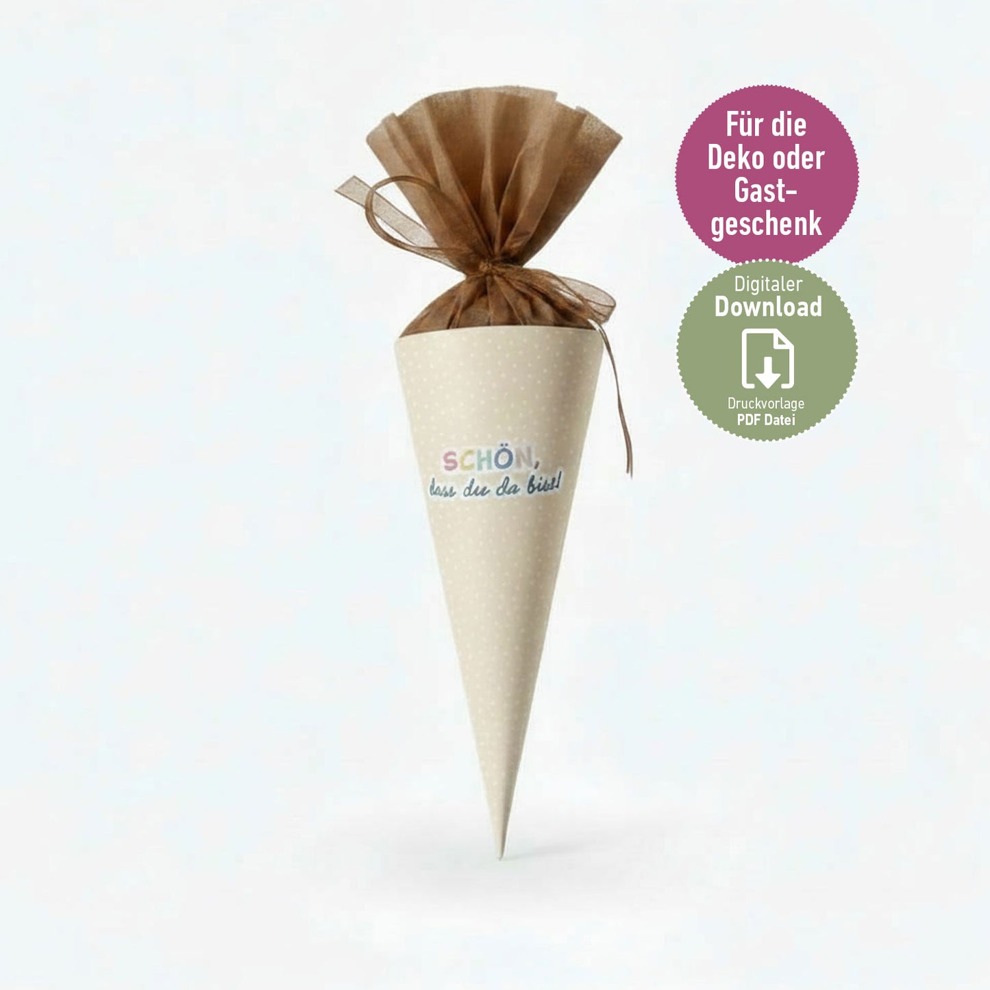 DIY Mini-Schultüte „Schön, dass du da bist“ Druckvorlage zum Download (Beige)