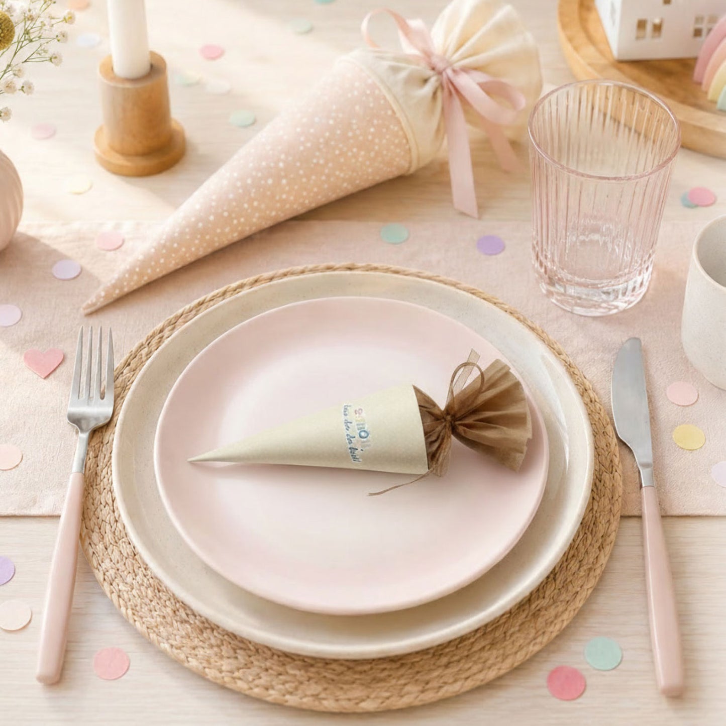 DIY Mini-Schultüte „Schön, dass du da bist“ Druckvorlage zum Download (Beige)