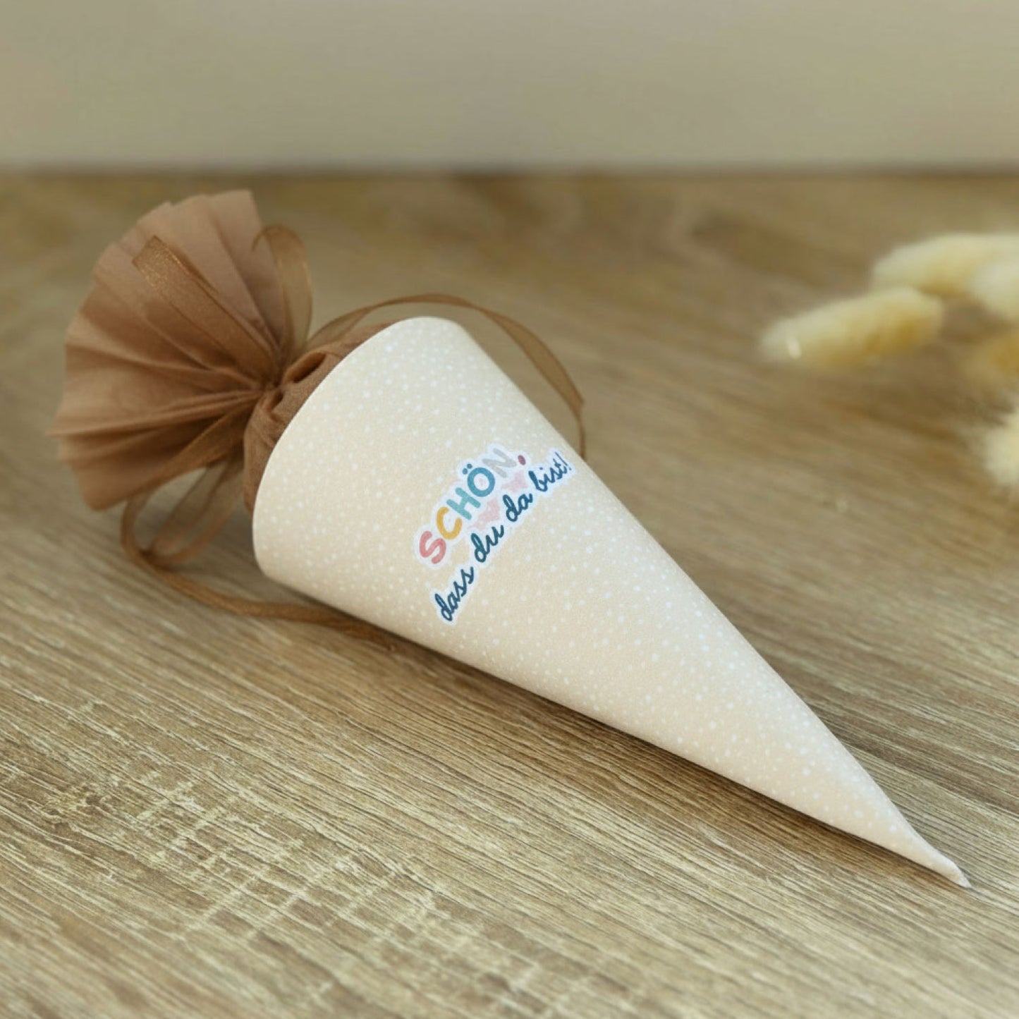 DIY Mini-Schultüte „Schön, dass du da bist“ Druckvorlage zum Download (Beige)