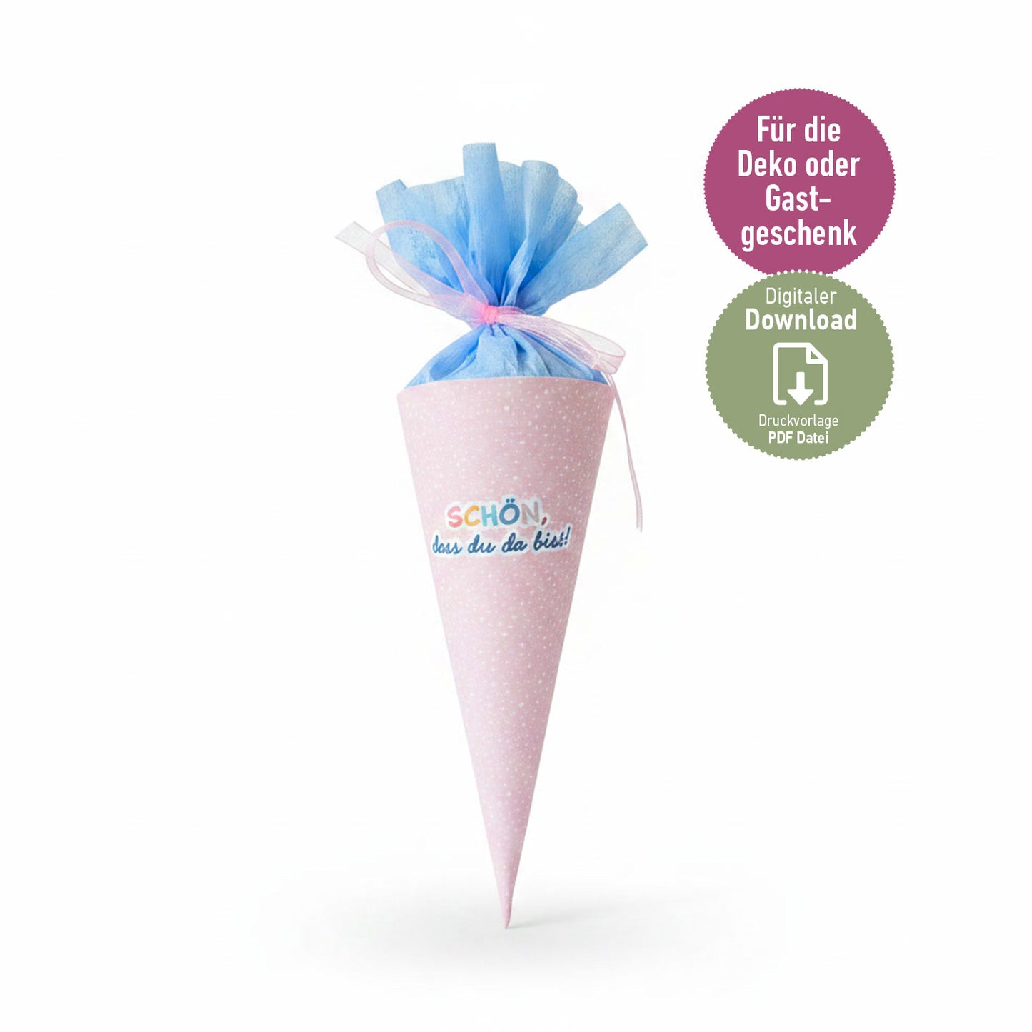DIY Mini-Schultüte „Schön, dass du da bist“ Druckvorlage zum Download (Rosa)