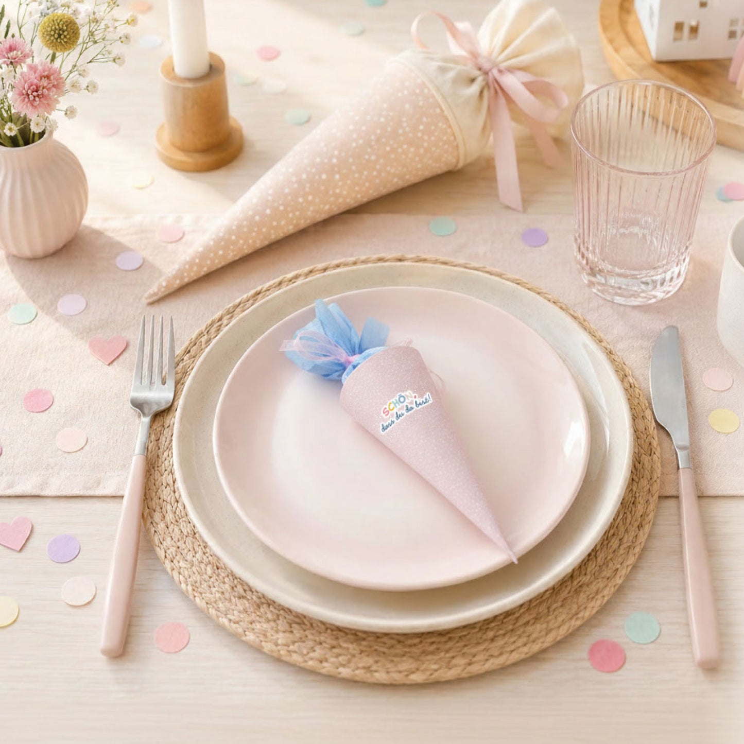 DIY Mini-Schultüte „Schön, dass du da bist“ Druckvorlage zum Download (Rosa)