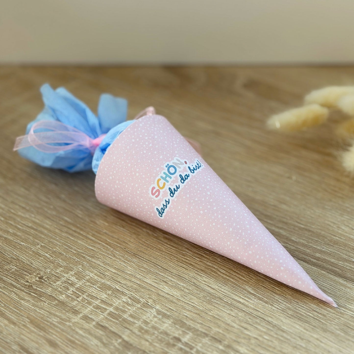 DIY Mini-Schultüte „Schön, dass du da bist“ Druckvorlage zum Download (Rosa)