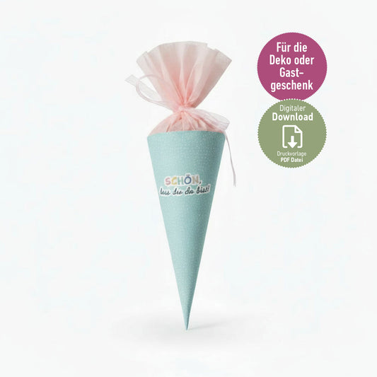 DIY Mini-Schultüte „Schön, dass du da bist“ Druckvorlage zum Download (Mint)