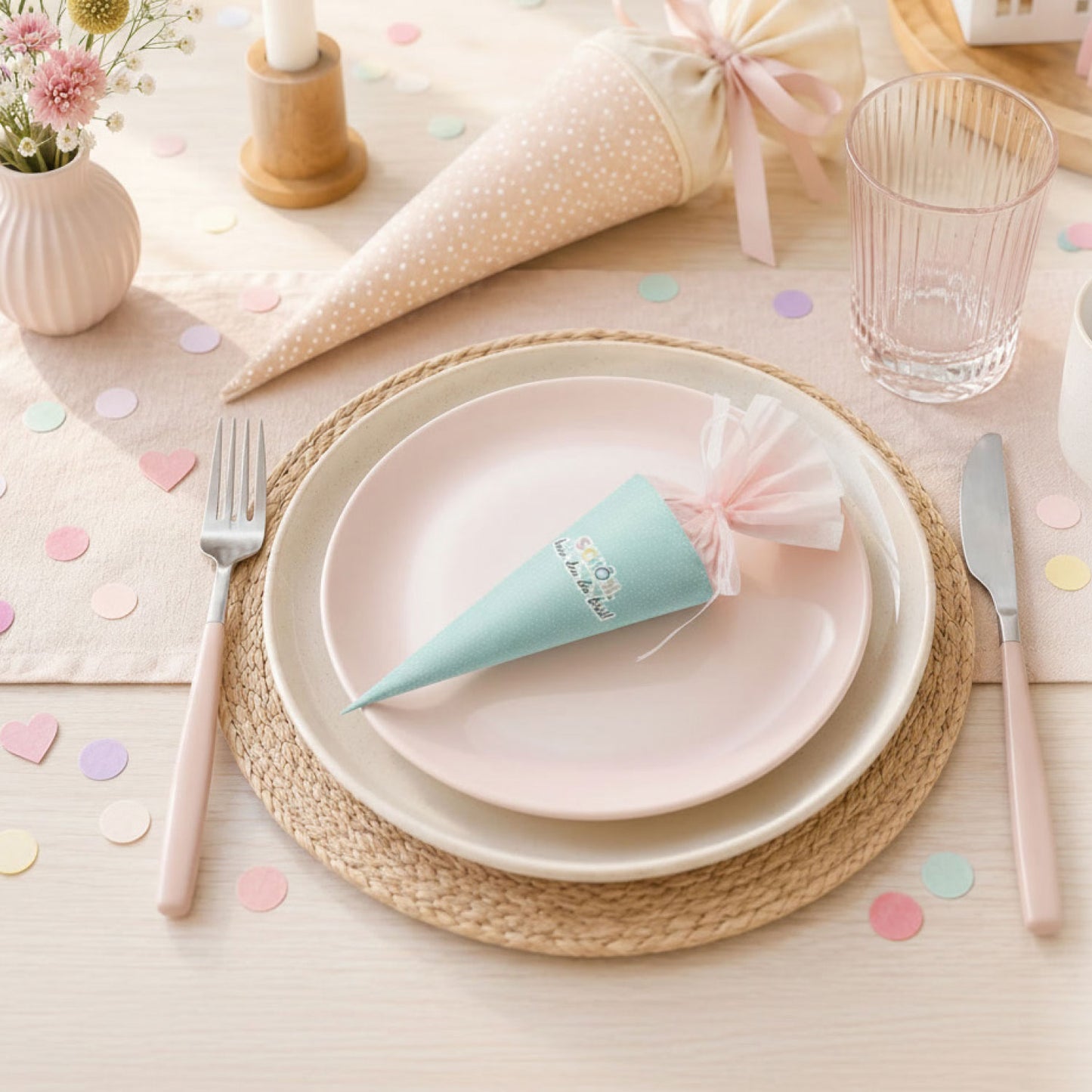 DIY Mini-Schultüte „Schön, dass du da bist“ Druckvorlage zum Download (Mint)