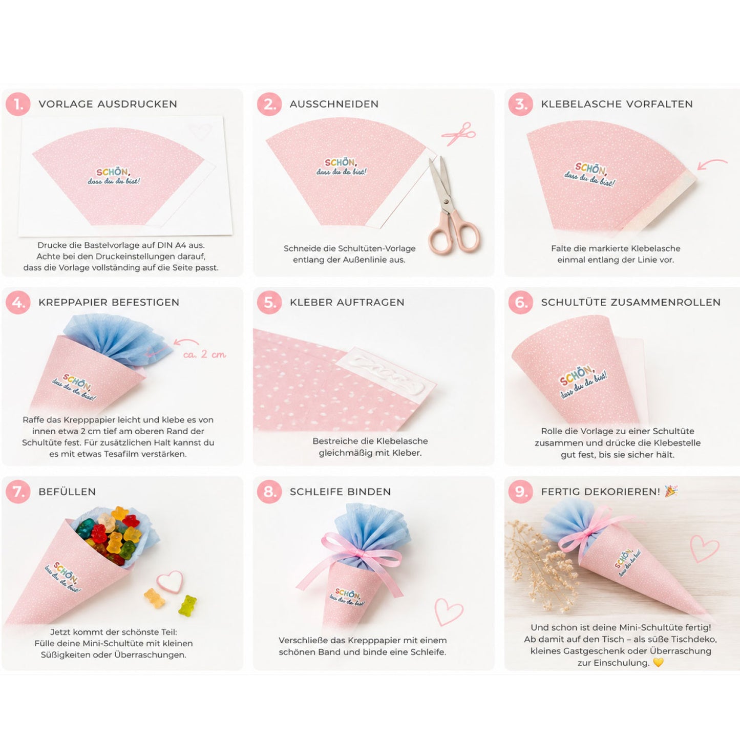 DIY Mini-Schultüte „Schön, dass du da bist“ Druckvorlage zum Download (Beige)