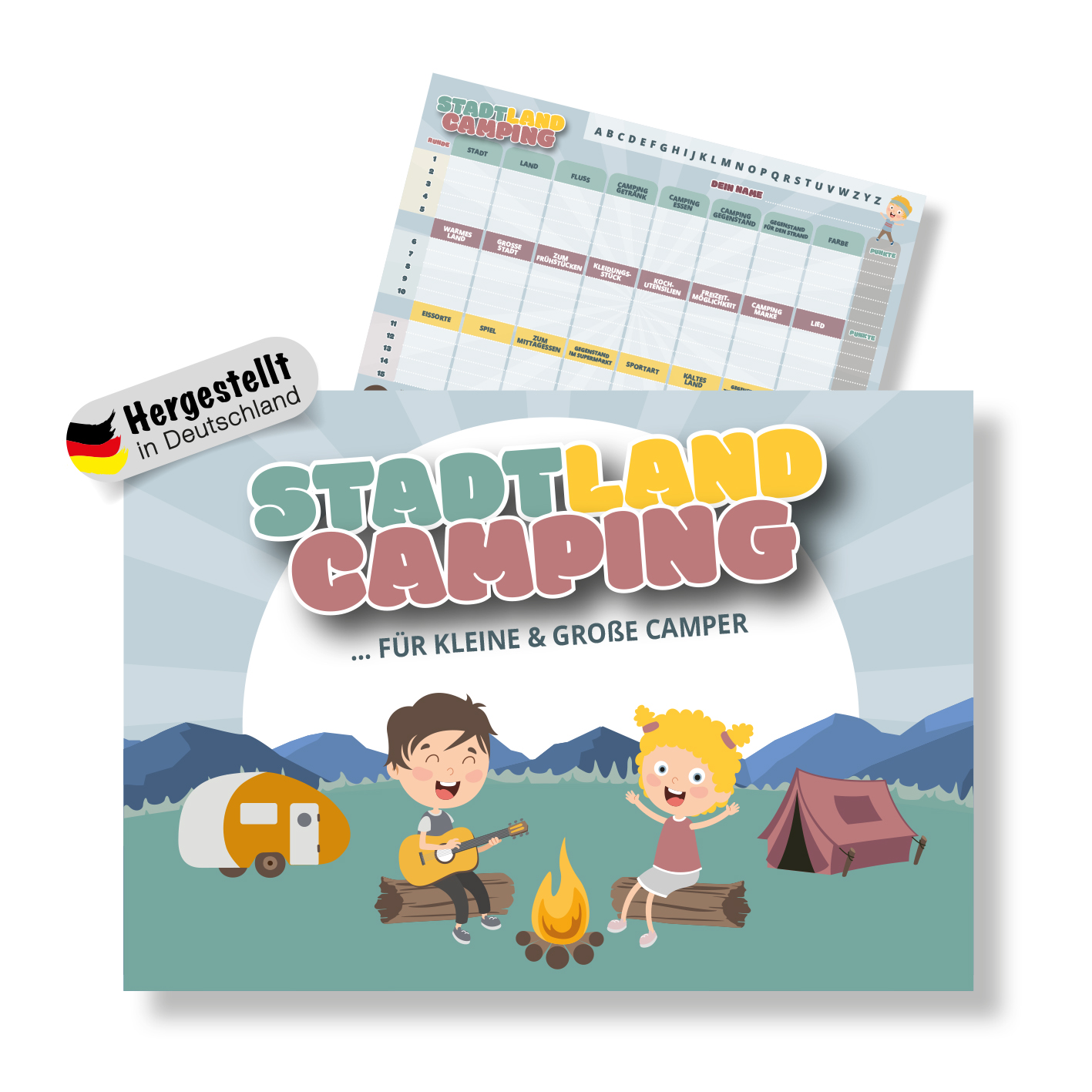 Stadt Land Camping Spiel – Campingspiel – Familienspiel – Urlaubsspiel – für große und kleine Camper ab 9 Jahren – Stadt Land Fluss